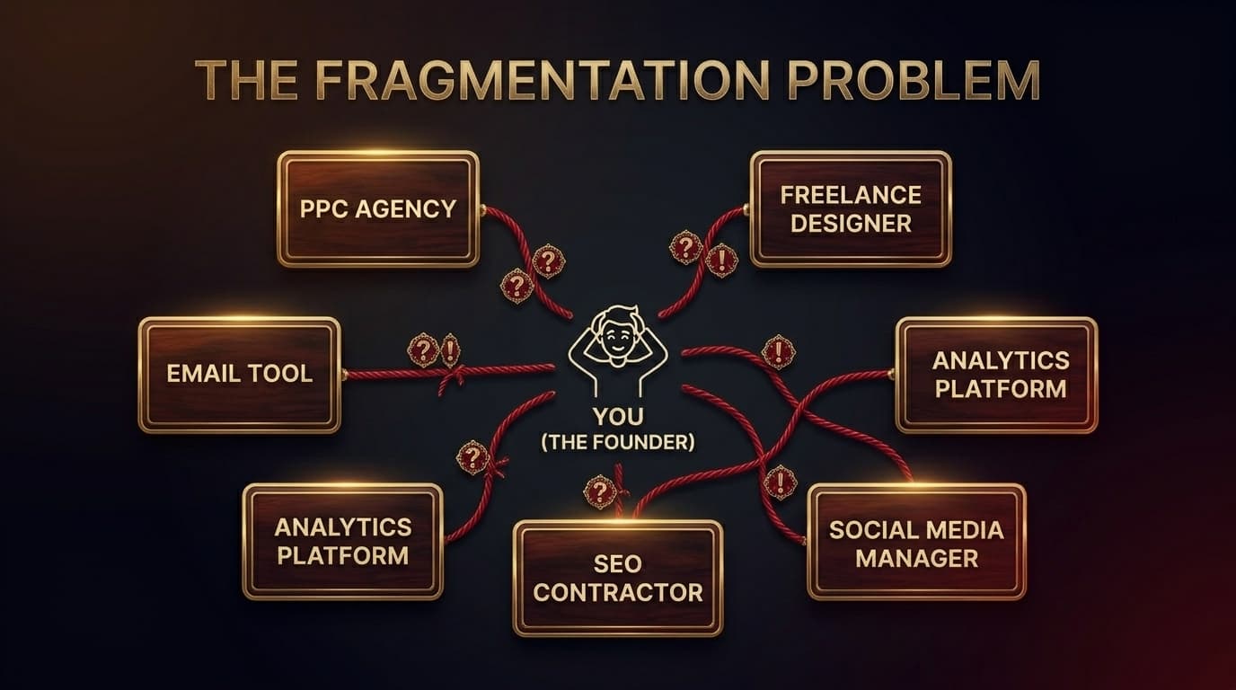 Diagram showing a stressed founder in the center surrounded by disconnected vendors — PPC Agency, Freelance Designer, Email Tool, Analytics Platform, SEO Contractor — with broken red connection lines and question marks