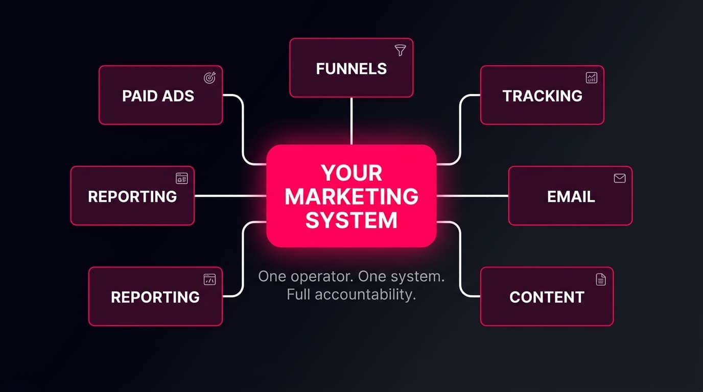 Abstract dark gradient with interconnected signal lines converging into a single node — representing unified marketing infrastructure