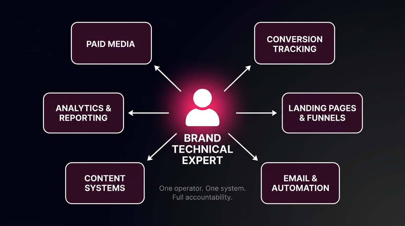 Diagram of a Brand Technical Expert at the center connected to six labeled responsibility areas — Paid Media, Tracking, Funnels, Email, Content, and Reporting — showing full-stack ownership
