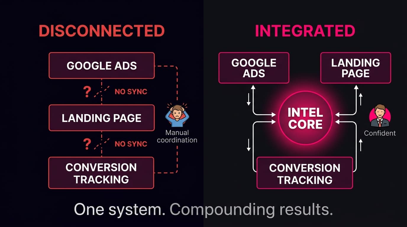 Infographic showing three disconnected systems (Google Ads, Landing Page, Conversion Tracking) with broken red connection lines on the left, and the same systems integrated through a central Intel Core hub with solid white connections on the right