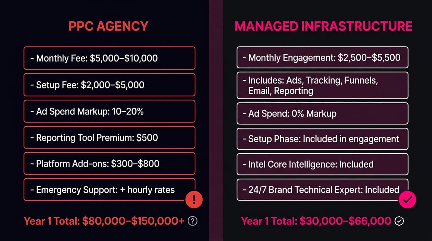 Cost comparison infographic showing PPC agency expenses on the left with warning icons for hidden costs, vs. managed infrastructure costs on the right with clear breakdown