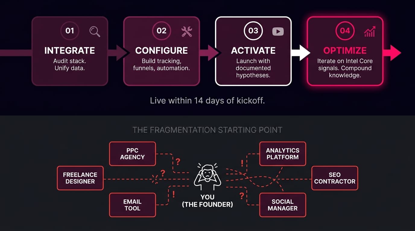 Diagram showing a stressed founder in the center surrounded by disconnected vendors — PPC Agency, Freelance Designer, Email Tool, Analytics Platform, SEO Contractor — with broken red connection lines and question marks