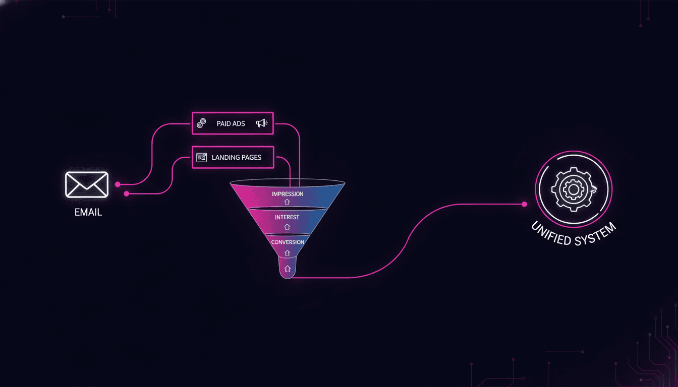 Infographic showing an email icon connected to paid ads, landing pages, and a conversion funnel — all unified under one system on a dark background with magenta accents