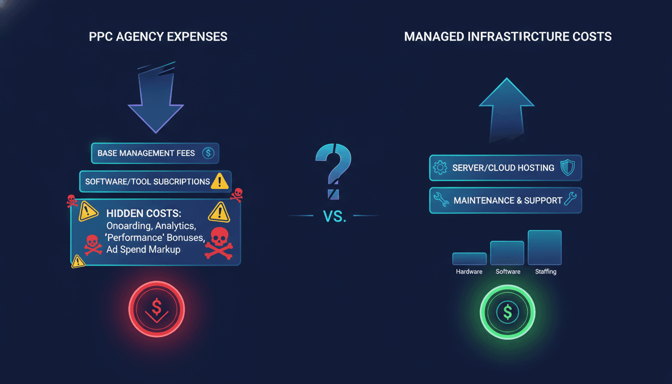 Cost comparison infographic showing PPC agency expenses on the left with warning icons for hidden costs, vs. managed infrastructure costs on the right with clear breakdown