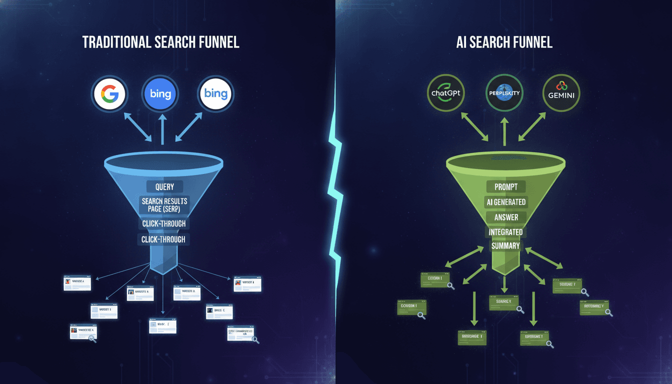 Illustrated infographic comparing traditional search funnel vs AI search funnel. Split-screen showing Google/Bing on left flowing to websites; ChatGPT/Perplexity/Gemini on right with citation signals flowing back.