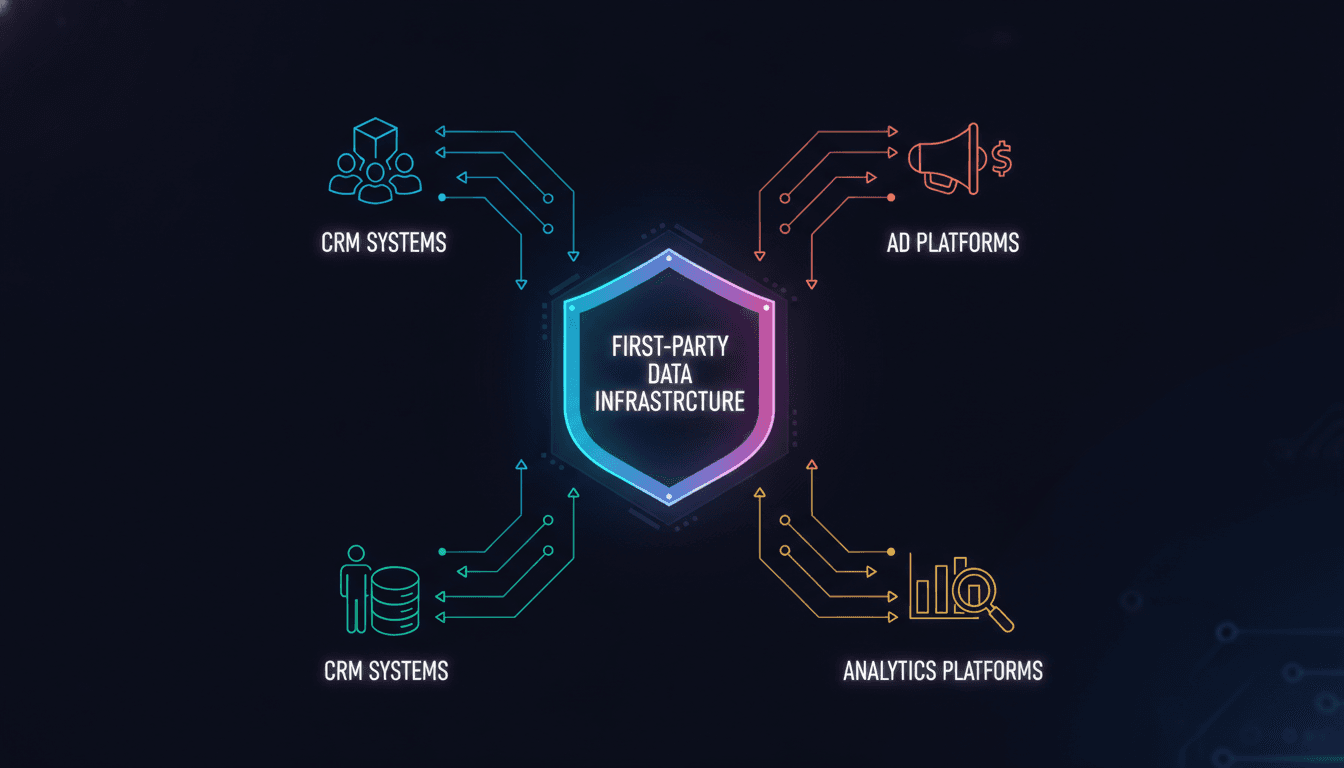 Illustrated Infographic showing a secure hub at the center labeled "First-Party Data Infrastructure" with data flowing bidirectionally to CRM systems, ad platforms, and analytics platforms on a dark background