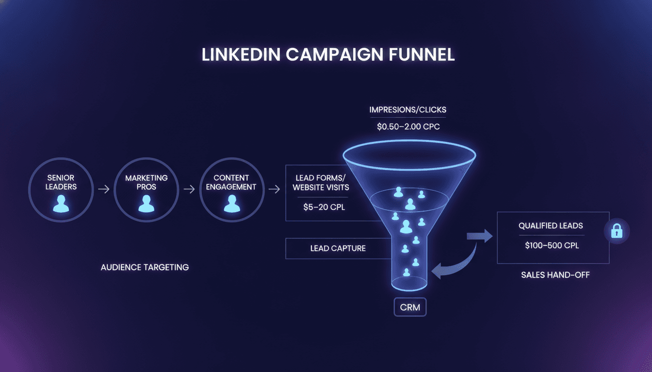 A LinkedIn campaign funnel infographic illustration showing the flow from audience targeting through lead capture to qualified lead hand-off. Make it immediately clear what the viewer is seeing: segmented audiences flowing into a lead gen funnel with cost per lead metrics.