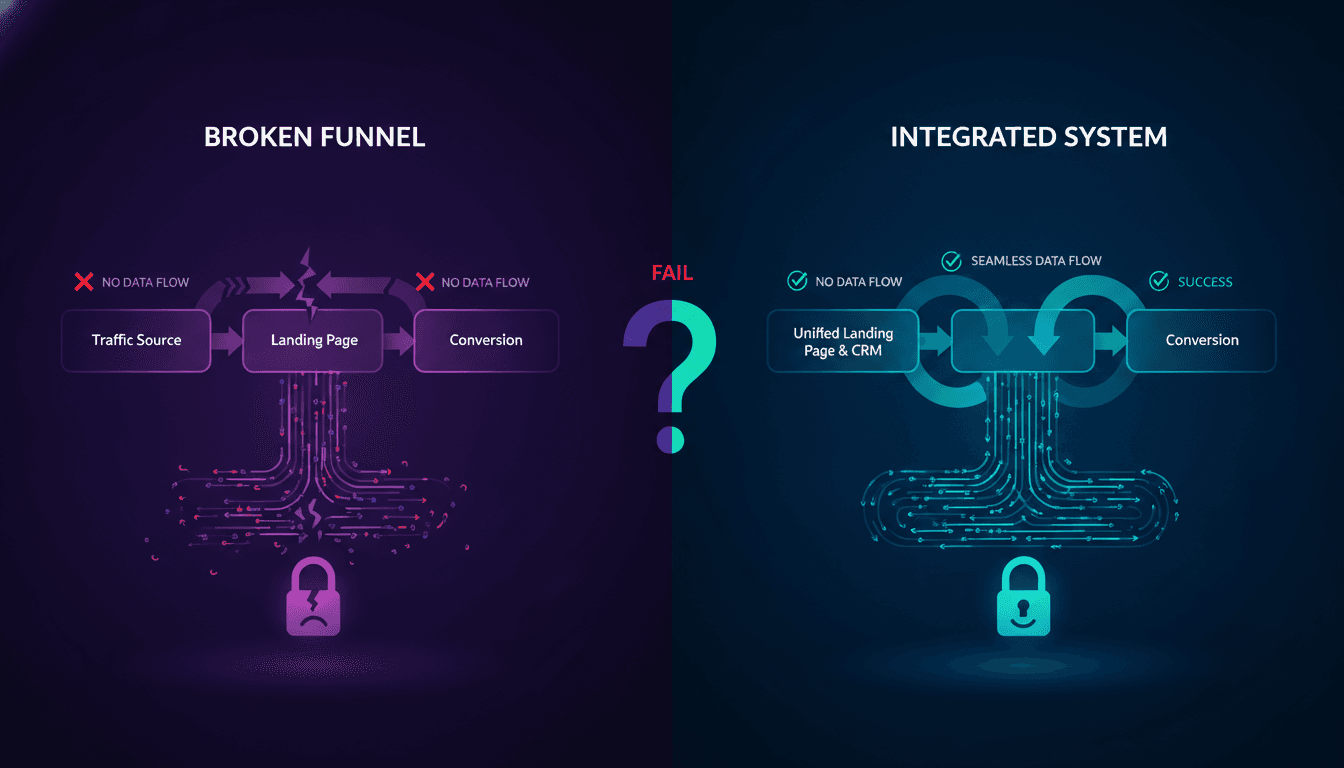 Illustrated Infographic comparing a broken landing page funnel with disconnected stages versus an integrated system with unified tracking and audience data flowing through each conversion step