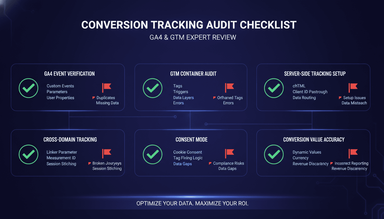 Conversion tracking audit checklist infographic showing GA4 event verification, GTM container audit, server-side tracking setup, cross-domain tracking, consent mode, and conversion value accuracy — with checkmarks and red flags