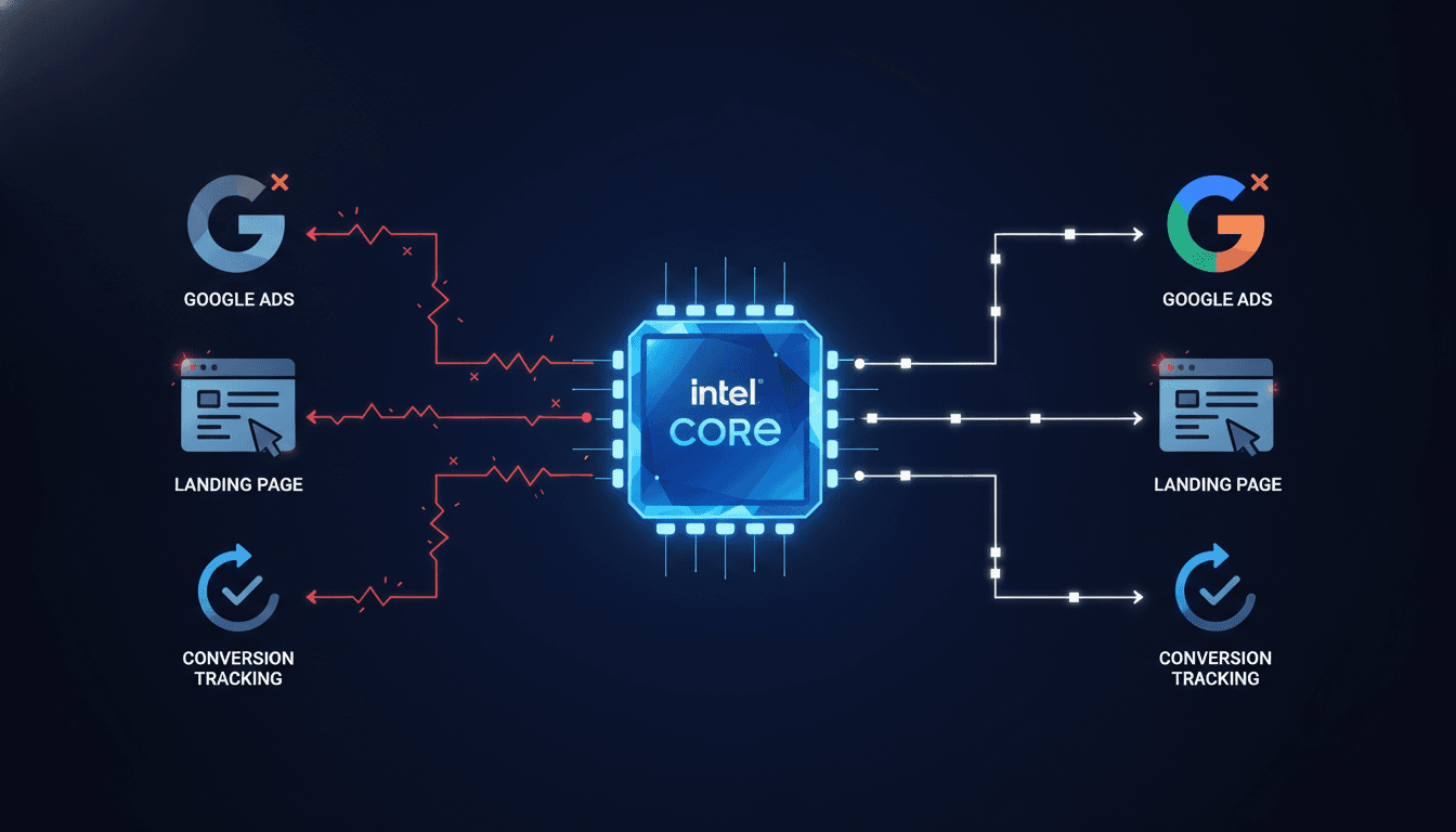 Illustrated infographic showing three disconnected systems (Google Ads, Landing Page, Conversion Tracking) with broken red connection lines on the left, and the same systems integrated through a central Intel Core hub with solid white connections on the right