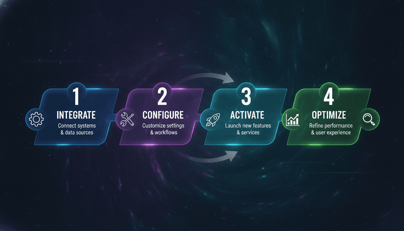 Generate an illustarated image in dark background with aspect ratio 16:9 for the prompt: Horizontal four-phase roadmap showing Integrate, Configure, Activate, and Optimize — each phase with a number, title, and short description showing the engagement progression