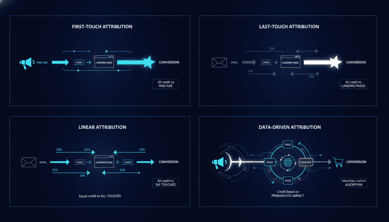 Four-panel infographic showing first-touch, last-touch, linear,and data-driven attribution models with signal flow diagrams across paid ads, email, landing pages, and conversion events