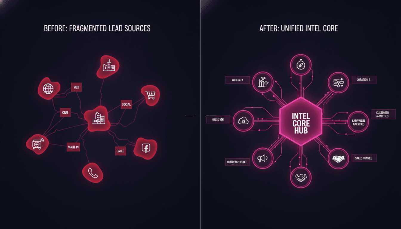 Before-and-after infographic showing fragmented multi-location lead sources on left (red, disconnected) versus unified system on right (magenta, all locations connected to central Intel Core hub)