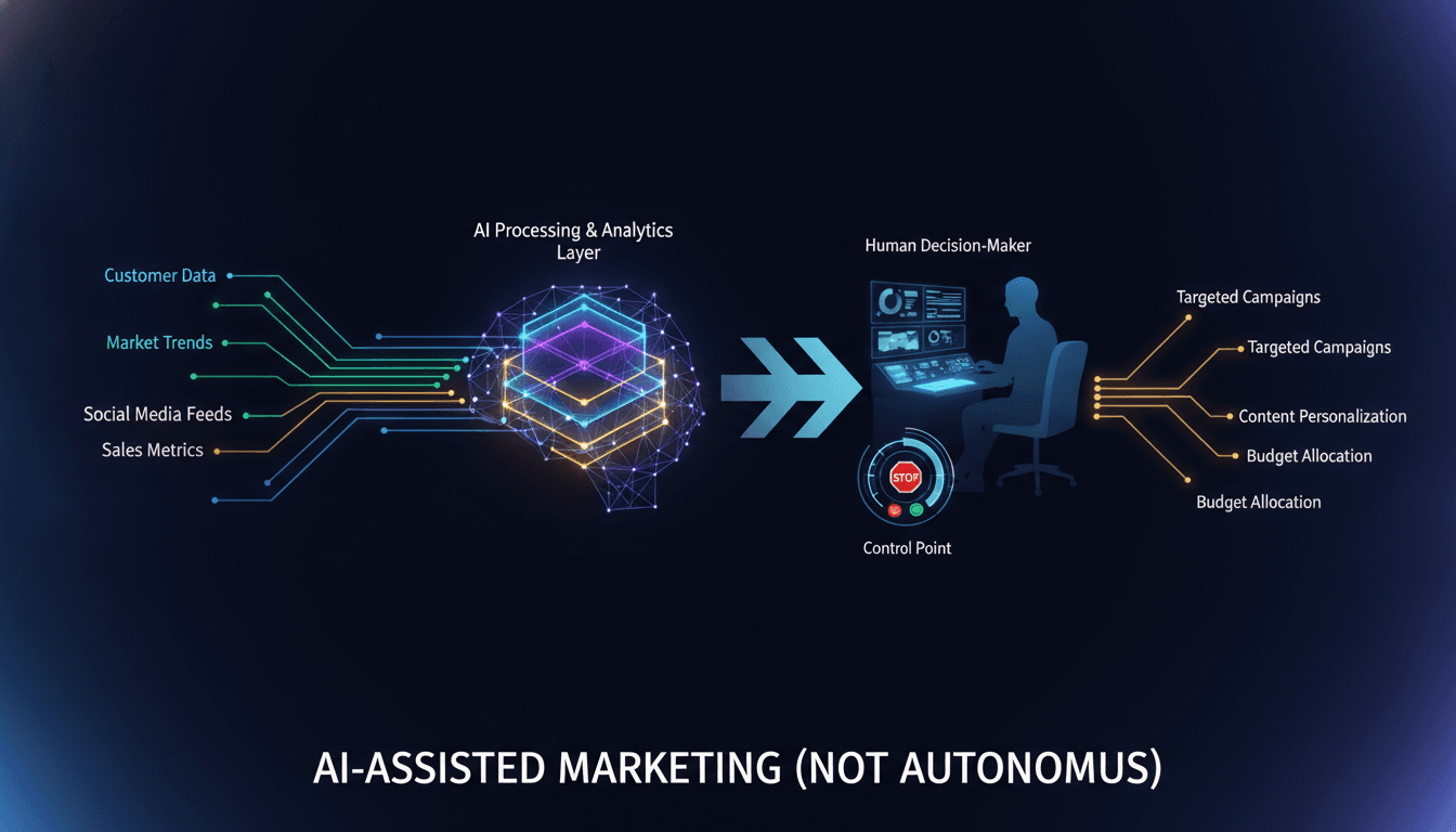 Flow diagram showing data signals flowing into an AI processing layer, with a human decision-maker at the control point — representing AI-assisted (not autonomous) marketing