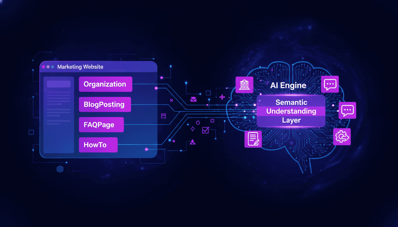 Illustrated infographic showing structured data flowing from a marketing website into an AI engine's semantic understanding layer, with labeled schema types (Organization, BlogPosting, FAQPage, HowTo) highlighted in magenta against a dark background