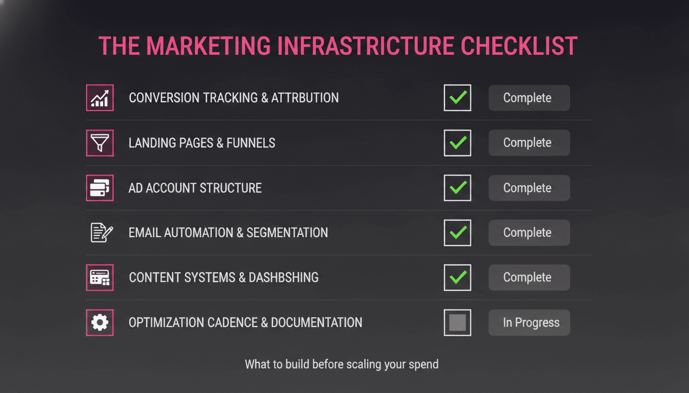 Comprehensive marketing infrastructure checklist showing seven categories with completion status indicators and visual checkmarks