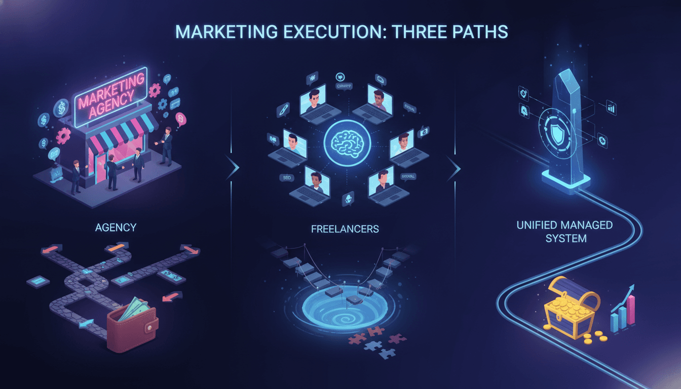 Comparison infographic showing three paths for marketing execution — a marketing agency storefront on the left, freelancers in the middle, and a unified managed system on the right