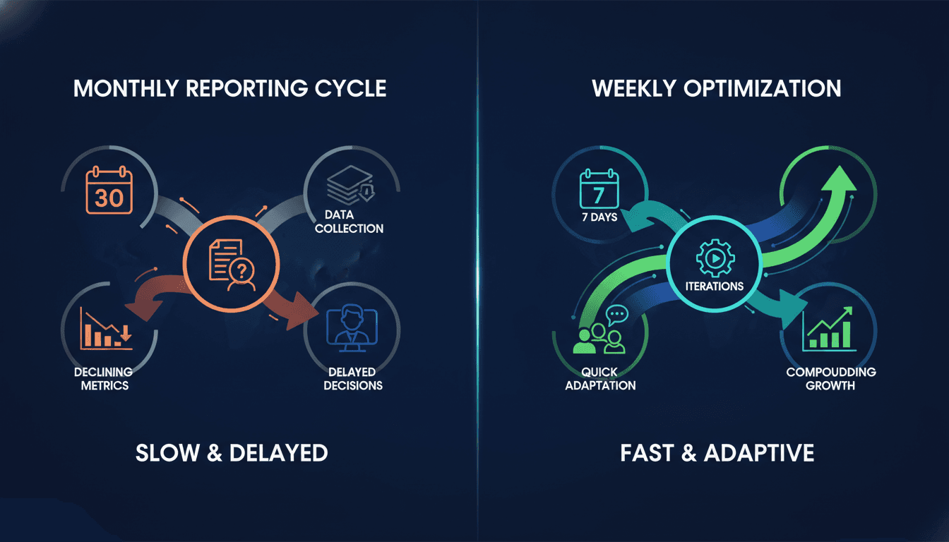 Before-and-after illustrated infographic showing monthly reporting cycle on left (slow, delayed decisions, declining metrics) and weekly optimization on right (fast iterations, compounding growth)
