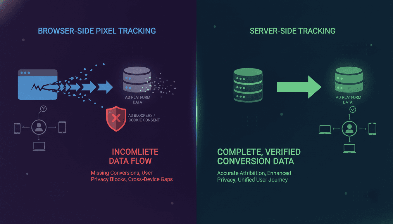 Split-panel infographic comparing browser-based pixel tracking with incomplete data flow and server-side tracking with complete, verified conversion data