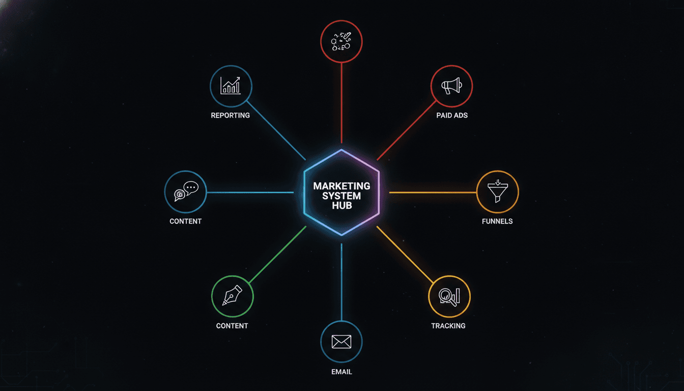 Generate an illustrated image in dark background with aspect ratio 16:9 for the prompt: Illustrated infographic showing a central marketing system hub connected to six labeled channels — Paid Ads, Funnels, Tracking, Email, Content, and Reporting — on a dark background