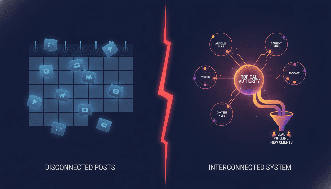 Split-screen infographic — left side shows a calendar with individual disconnected posts, right side shows an interconnected content system with clusters and topical authority flowing to a lead pipeline
