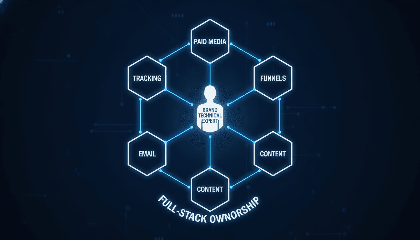 Generate an illustrated image with dark background with aspect ratio 16:9 for the prompt: Diagram of a Brand Technical Expert at the center connected to six labeled responsibility areas — Paid Media, Tracking, Funnels, Email, Content, and Reporting — showing full-stack ownership