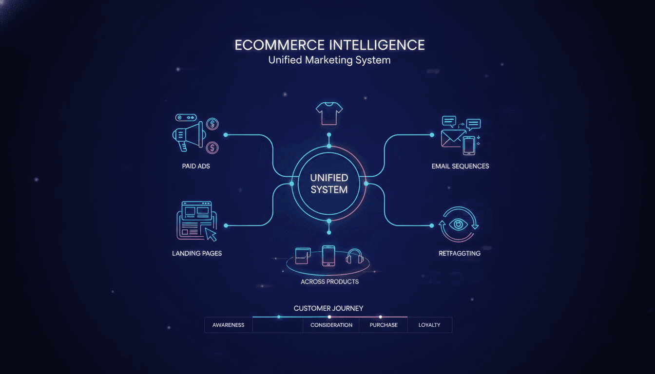 Ecommerce dashboard showing unified marketing system with connected channels — paid ads, landing pages, email sequences, and retargeting — coordinating across products and customer journey
