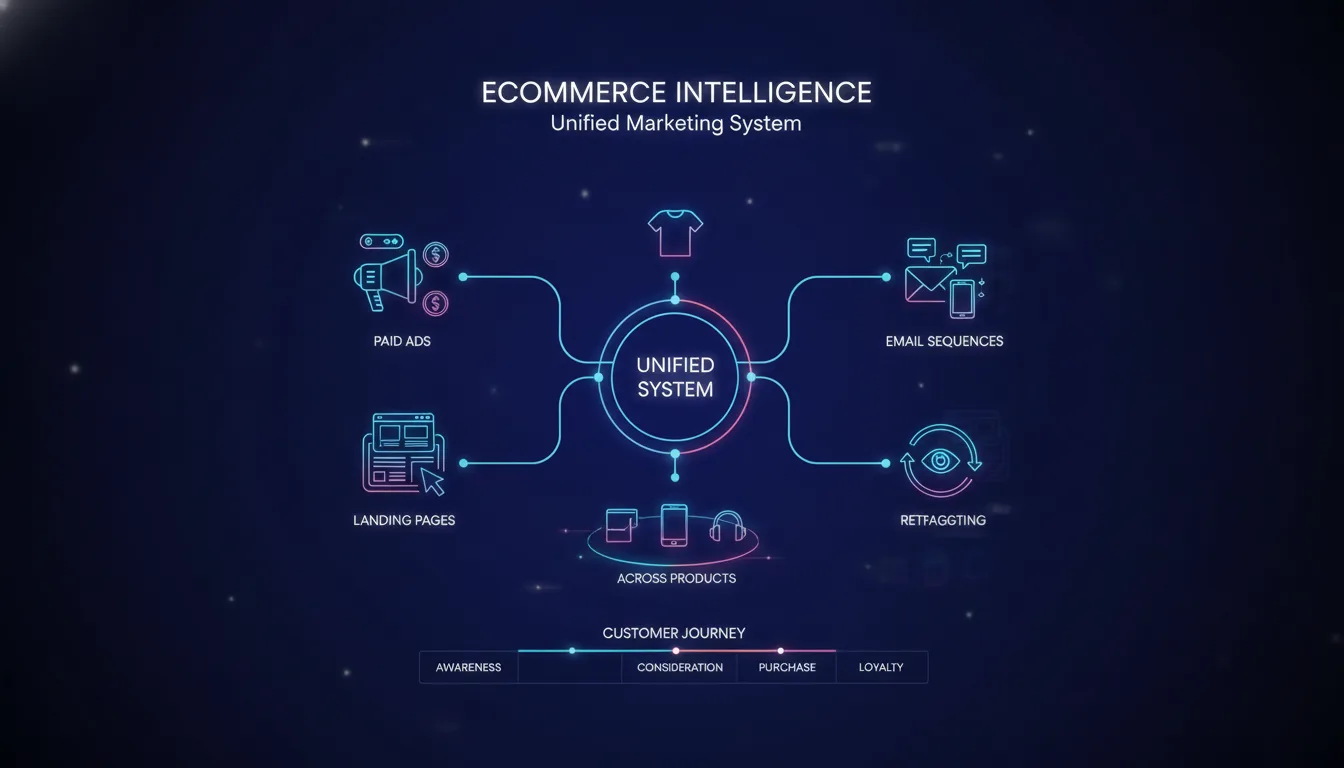 Ecommerce dashboard showing unified marketing system with connected channels — paid ads, landing pages, email sequences, and retargeting — coordinating across products and customer journey