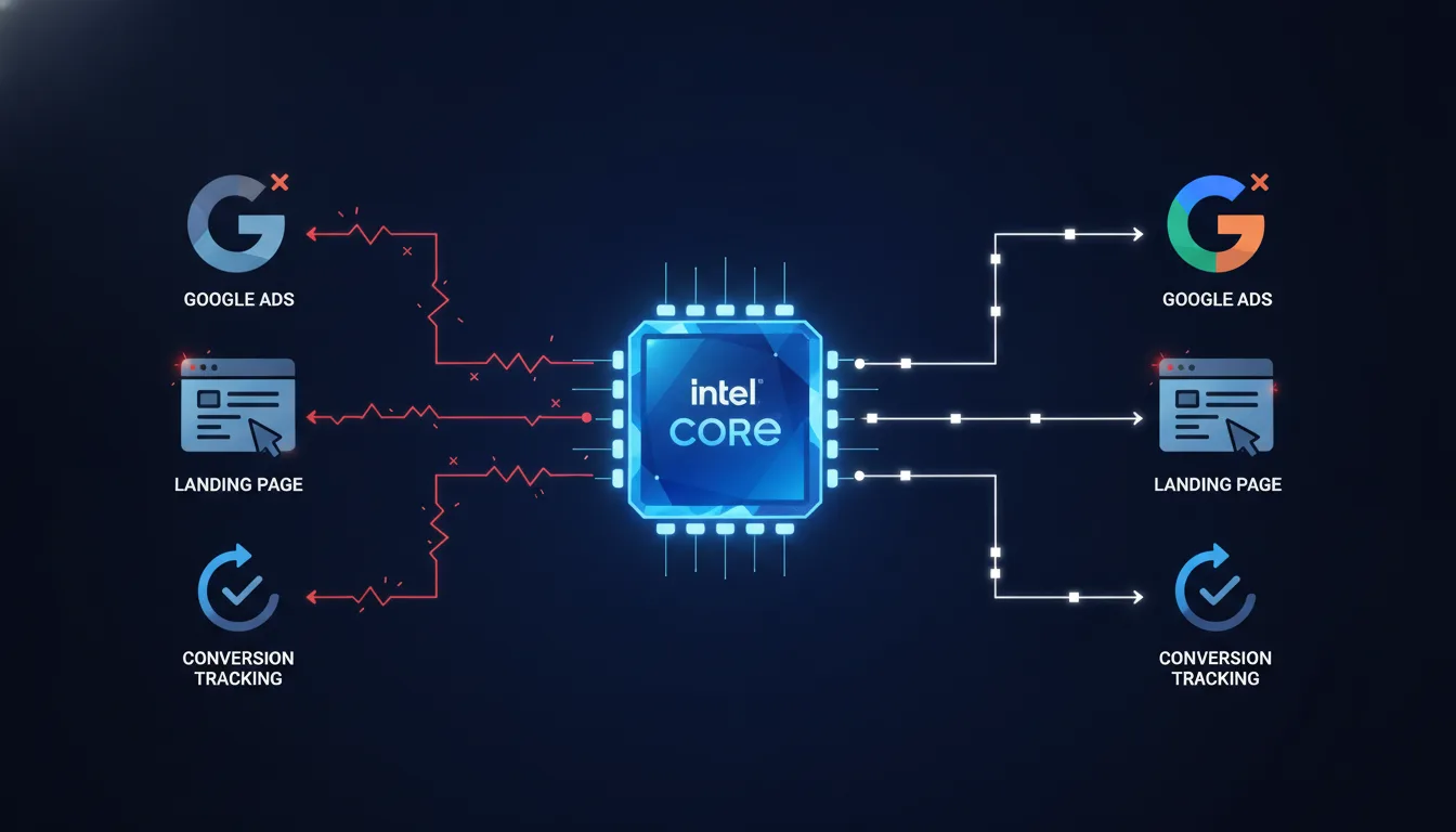 Illustrated infographic showing three disconnected systems (Google Ads, Landing Page, Conversion Tracking) with broken red connection lines on the left, and the same systems integrated through a central Intel Core hub with solid white connections on the right