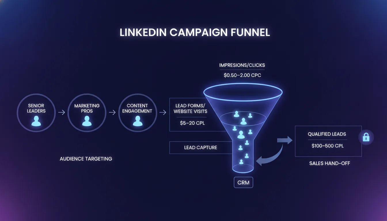 A LinkedIn campaign funnel infographic illustration showing the flow from audience targeting through lead capture to qualified lead hand-off. Make it immediately clear what the viewer is seeing: segmented audiences flowing into a lead gen funnel with cost per lead metrics.