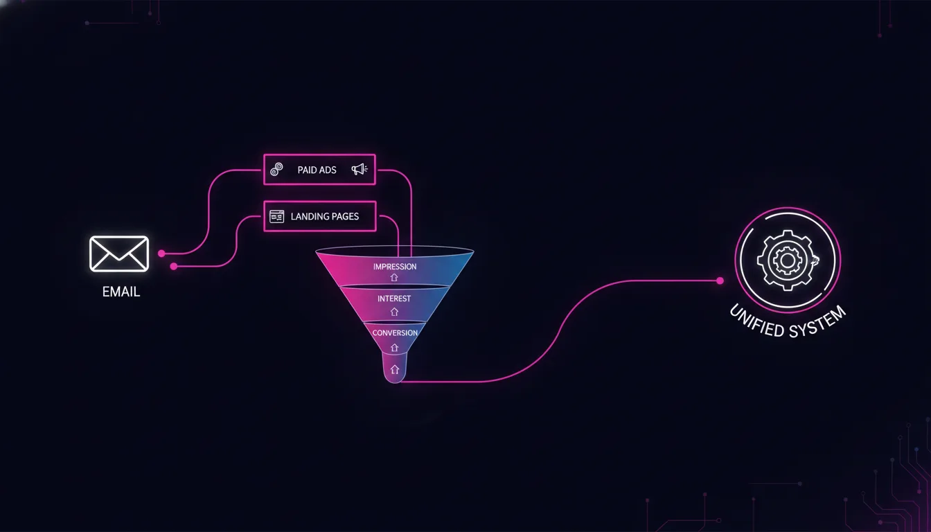 Infographic showing an email icon connected to paid ads, landing pages, and a conversion funnel — all unified under one system on a dark background with magenta accents