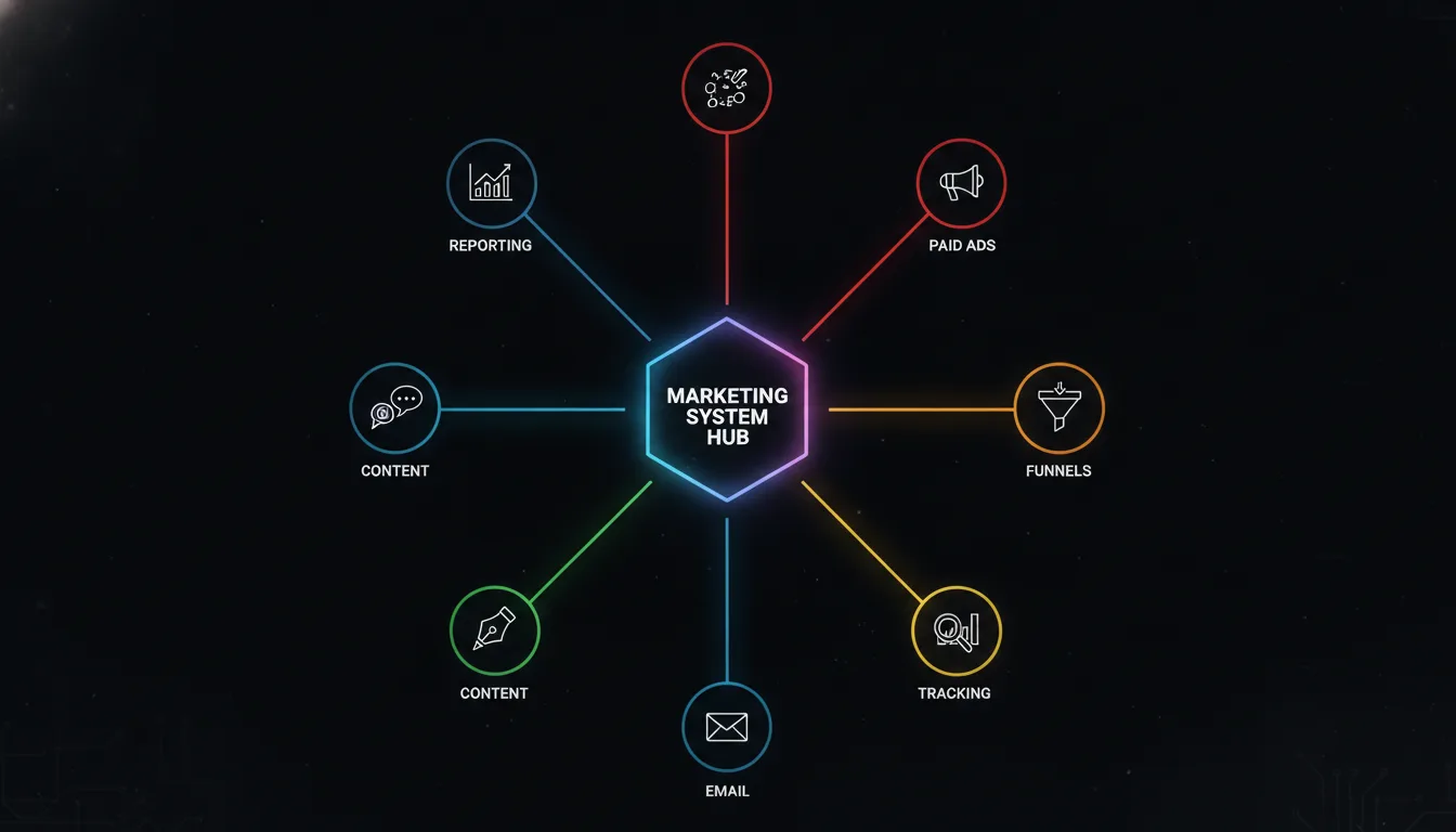 Generate an illustrated image in dark background with aspect ratio 16:9 for the prompt: Illustrated infographic showing a central marketing system hub connected to six labeled channels — Paid Ads, Funnels, Tracking, Email, Content, and Reporting — on a dark background
