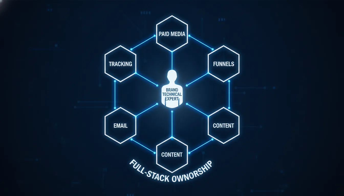 Generate an illustrated image with dark background with aspect ratio 16:9 for the prompt: Diagram of a Brand Technical Expert at the center connected to six labeled responsibility areas — Paid Media, Tracking, Funnels, Email, Content, and Reporting — showing full-stack ownership