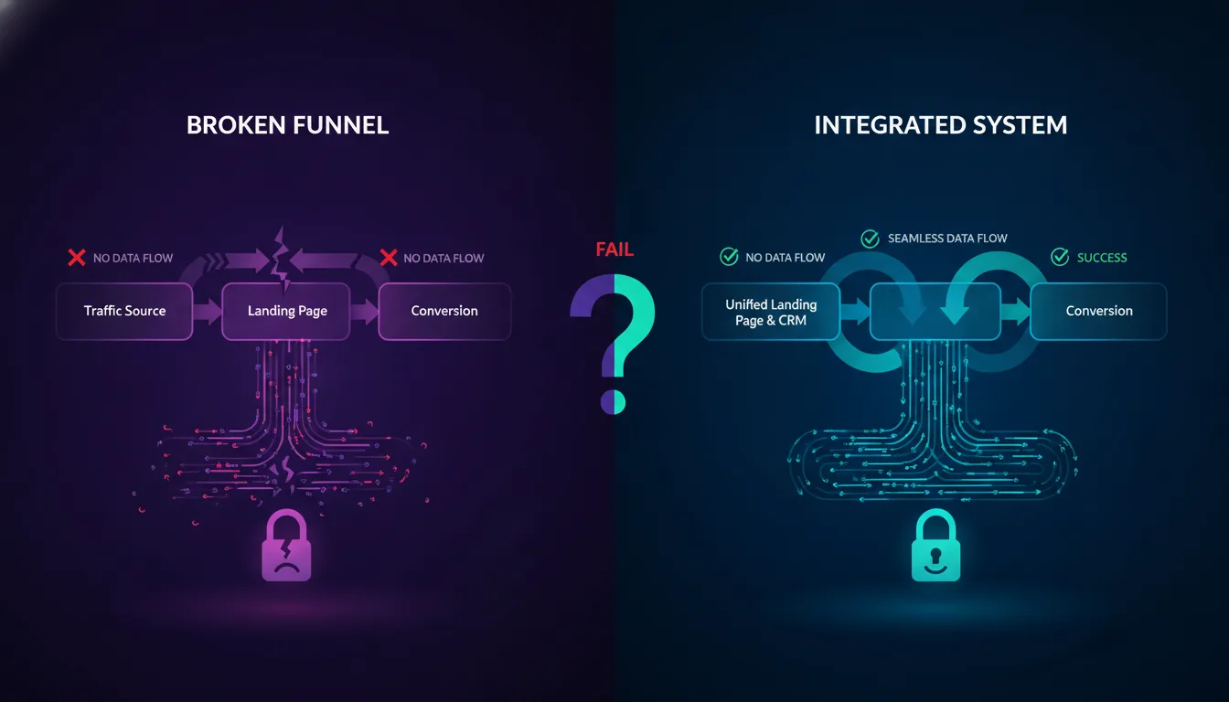 Illustrated Infographic comparing a broken landing page funnel with disconnected stages versus an integrated system with unified tracking and audience data flowing through each conversion step