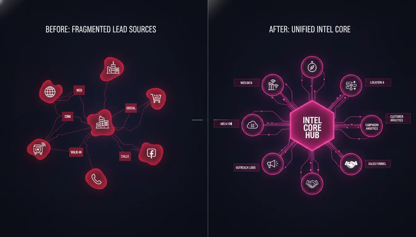 Before-and-after infographic showing fragmented multi-location lead sources on left (red, disconnected) versus unified system on right (magenta, all locations connected to central Intel Core hub)