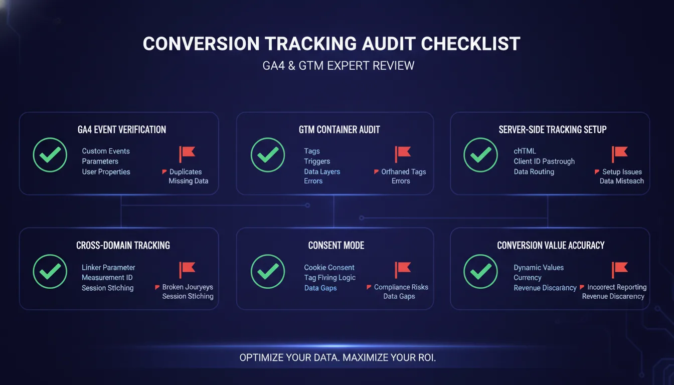 Conversion tracking audit checklist infographic showing GA4 event verification, GTM container audit, server-side tracking setup, cross-domain tracking, consent mode, and conversion value accuracy — with checkmarks and red flags