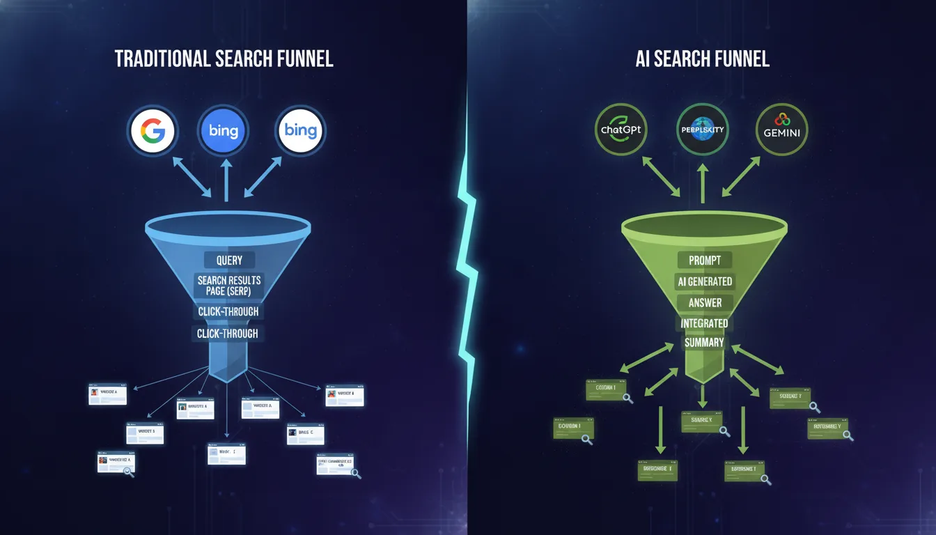 Illustrated infographic comparing traditional search funnel vs AI search funnel. Split-screen showing Google/Bing on left flowing to websites; ChatGPT/Perplexity/Gemini on right with citation signals flowing back.