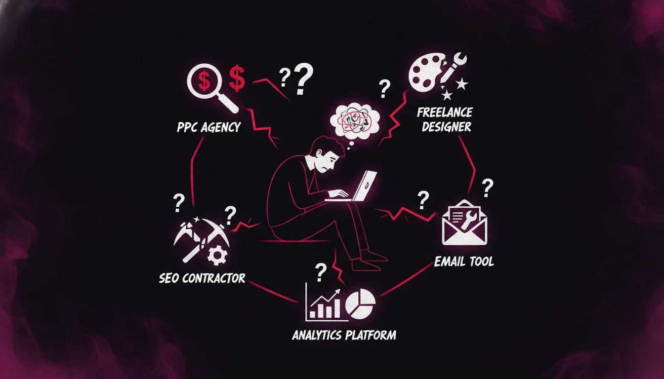 Diagram showing a stressed founder in the center surrounded by disconnected vendors — PPC Agency, Freelance Designer, Email Tool, Analytics Platform, SEO Contractor — with broken red connection lines and question marks
