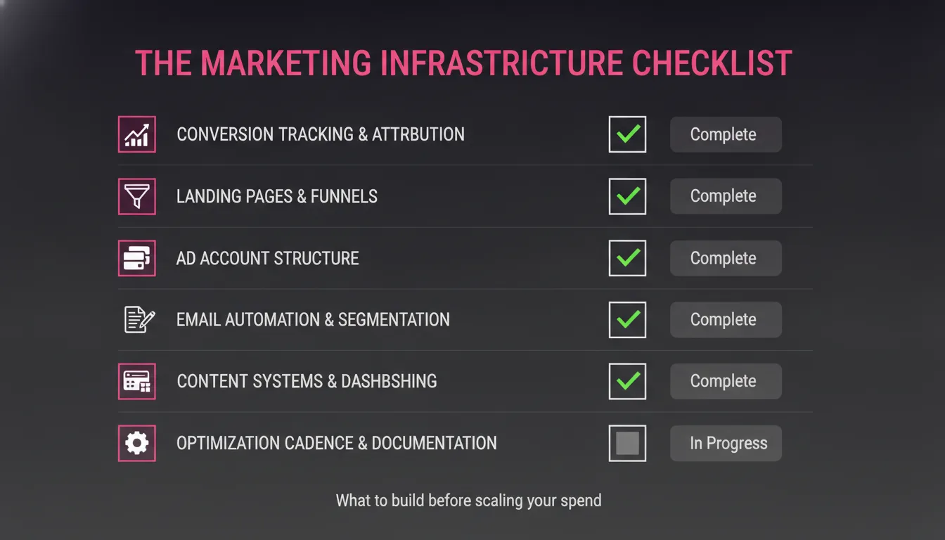 Comprehensive marketing infrastructure checklist showing seven categories with completion status indicators and visual checkmarks