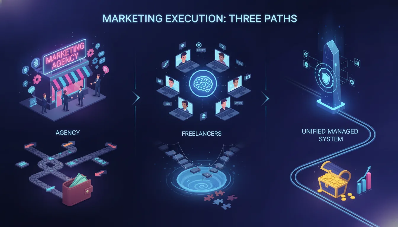 Comparison infographic showing three paths for marketing execution — a marketing agency storefront on the left, freelancers in the middle, and a unified managed system on the right