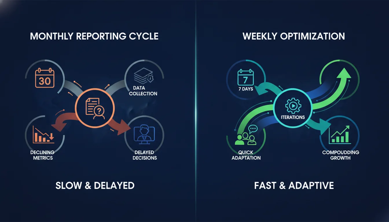 Before-and-after illustrated infographic showing monthly reporting cycle on left (slow, delayed decisions, declining metrics) and weekly optimization on right (fast iterations, compounding growth)