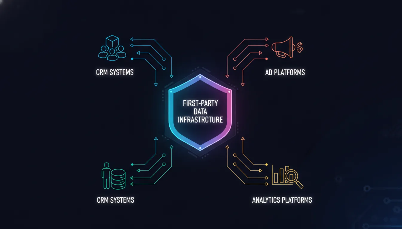 Illustrated Infographic showing a secure hub at the center labeled "First-Party Data Infrastructure" with data flowing bidirectionally to CRM systems, ad platforms, and analytics platforms on a dark background