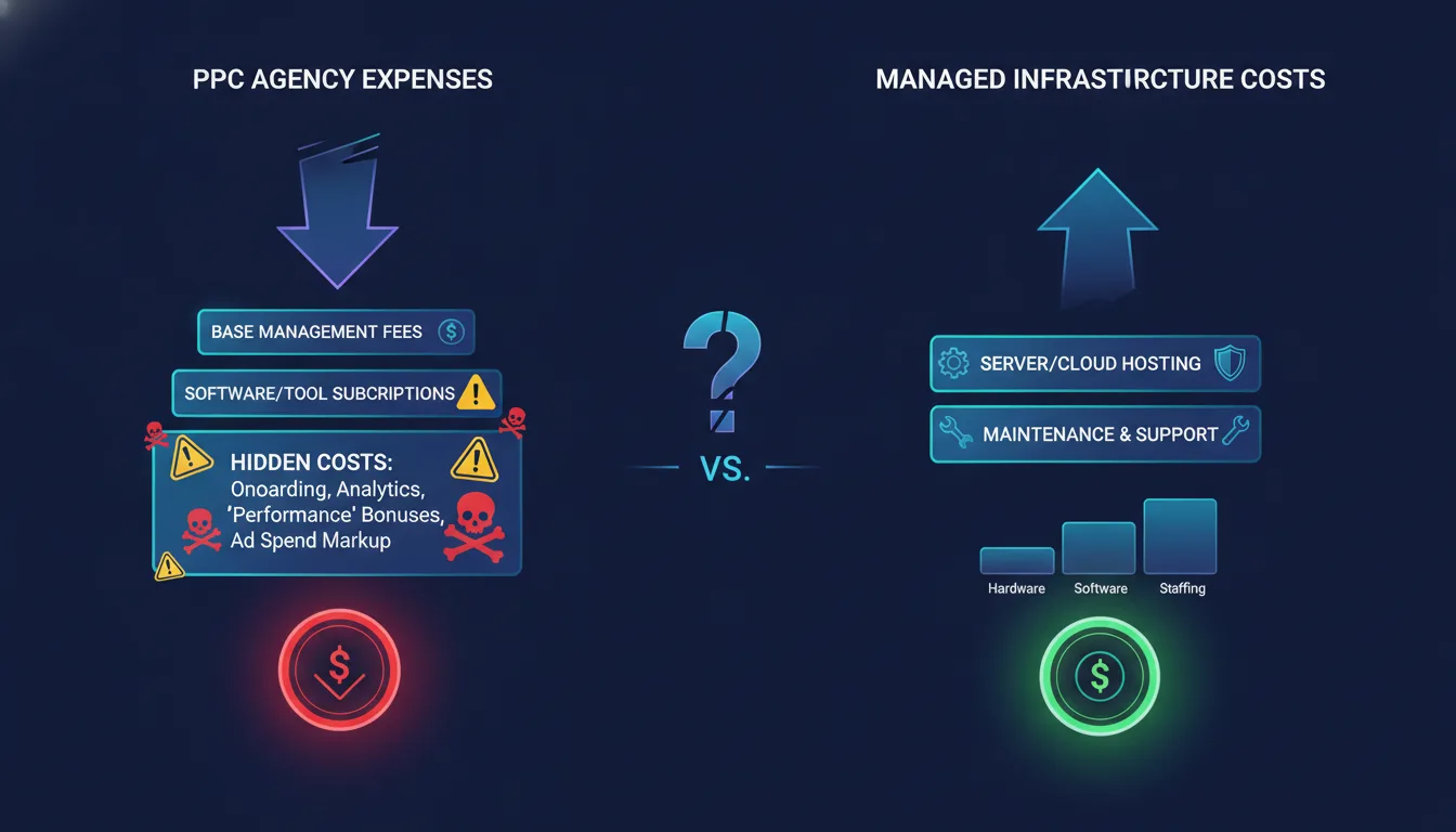 Cost comparison infographic showing PPC agency expenses on the left with warning icons for hidden costs, vs. managed infrastructure costs on the right with clear breakdown