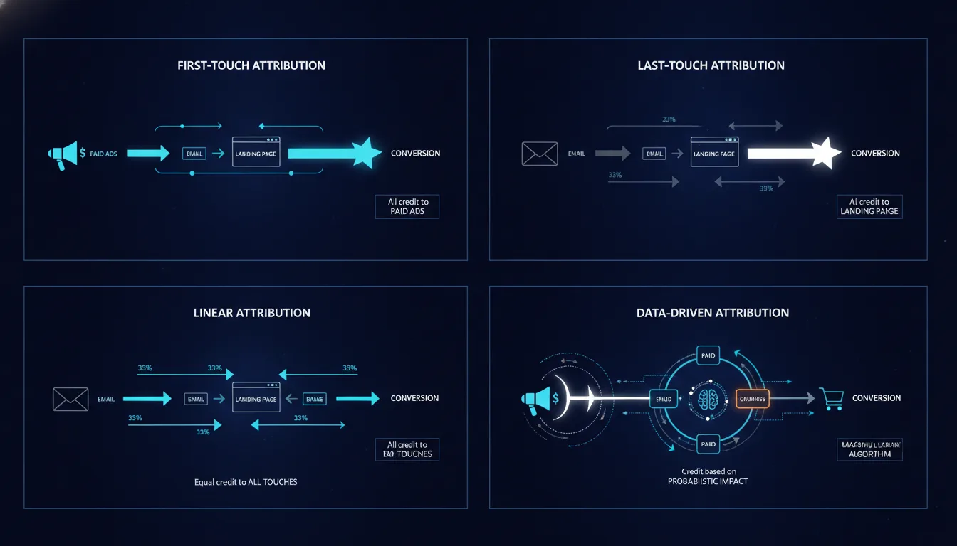 Four-panel infographic showing first-touch, last-touch, linear,and data-driven attribution models with signal flow diagrams across paid ads, email, landing pages, and conversion events