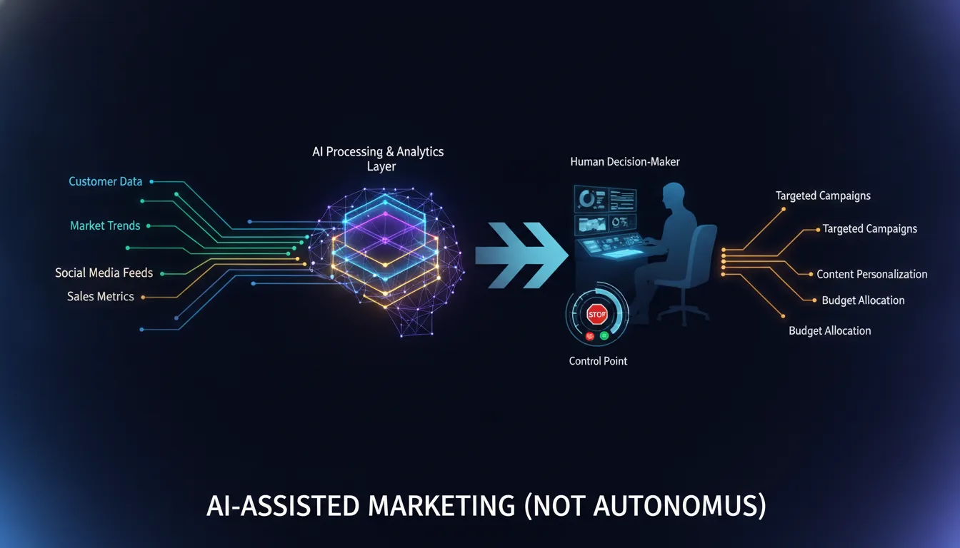 Flow diagram showing data signals flowing into an AI processing layer, with a human decision-maker at the control point — representing AI-assisted (not autonomous) marketing