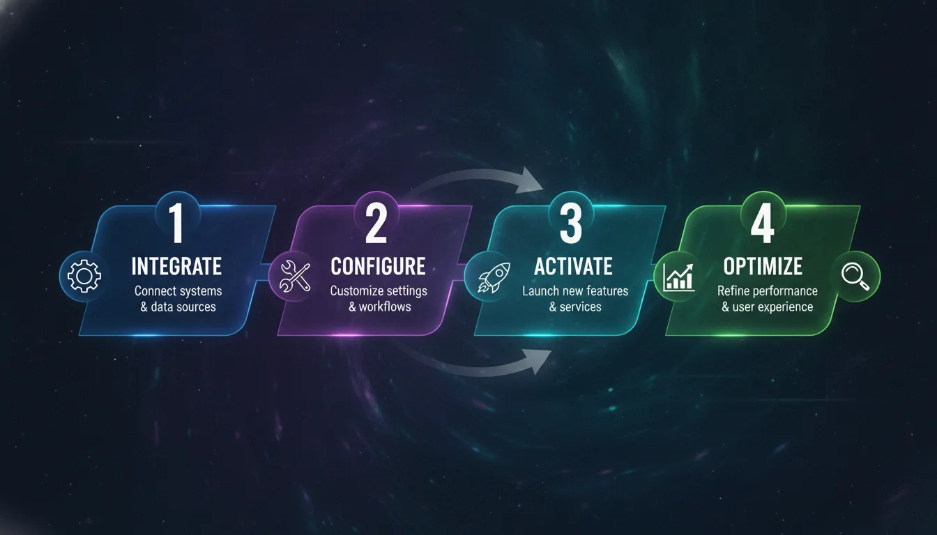 Generate an illustarated image in dark background with aspect ratio 16:9 for the prompt: Horizontal four-phase roadmap showing Integrate, Configure, Activate, and Optimize — each phase with a number, title, and short description showing the engagement progression