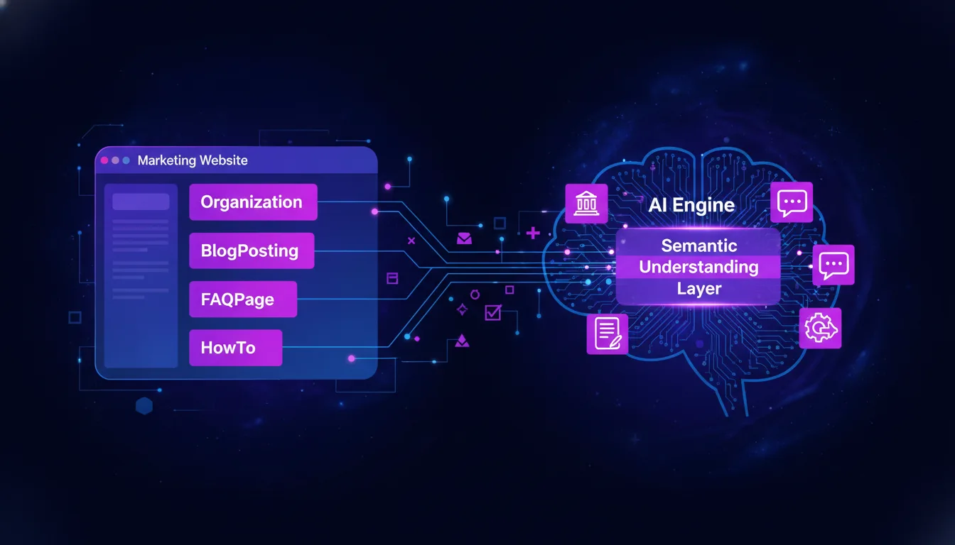 Illustrated infographic showing structured data flowing from a marketing website into an AI engine's semantic understanding layer, with labeled schema types (Organization, BlogPosting, FAQPage, HowTo) highlighted in magenta against a dark background